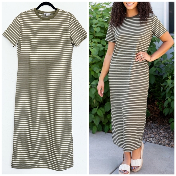 Polagram Dresses & Skirts - Polagram Green White Striped Tee Midi Shirt Dress, S